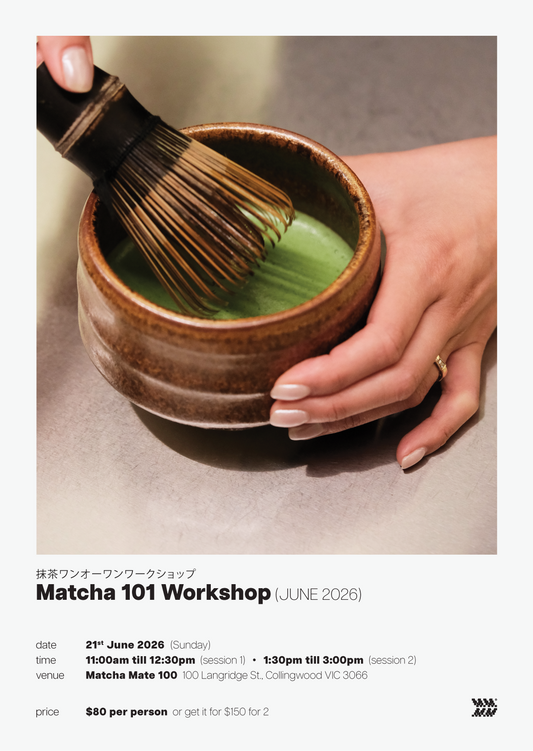 Matcha 101 Workshop poster with a hand holding a bowl of matcha and a whisk.